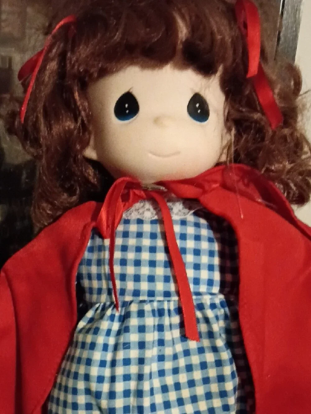 Precious Moments Red-Cape Doll with Blue Gingham Dress